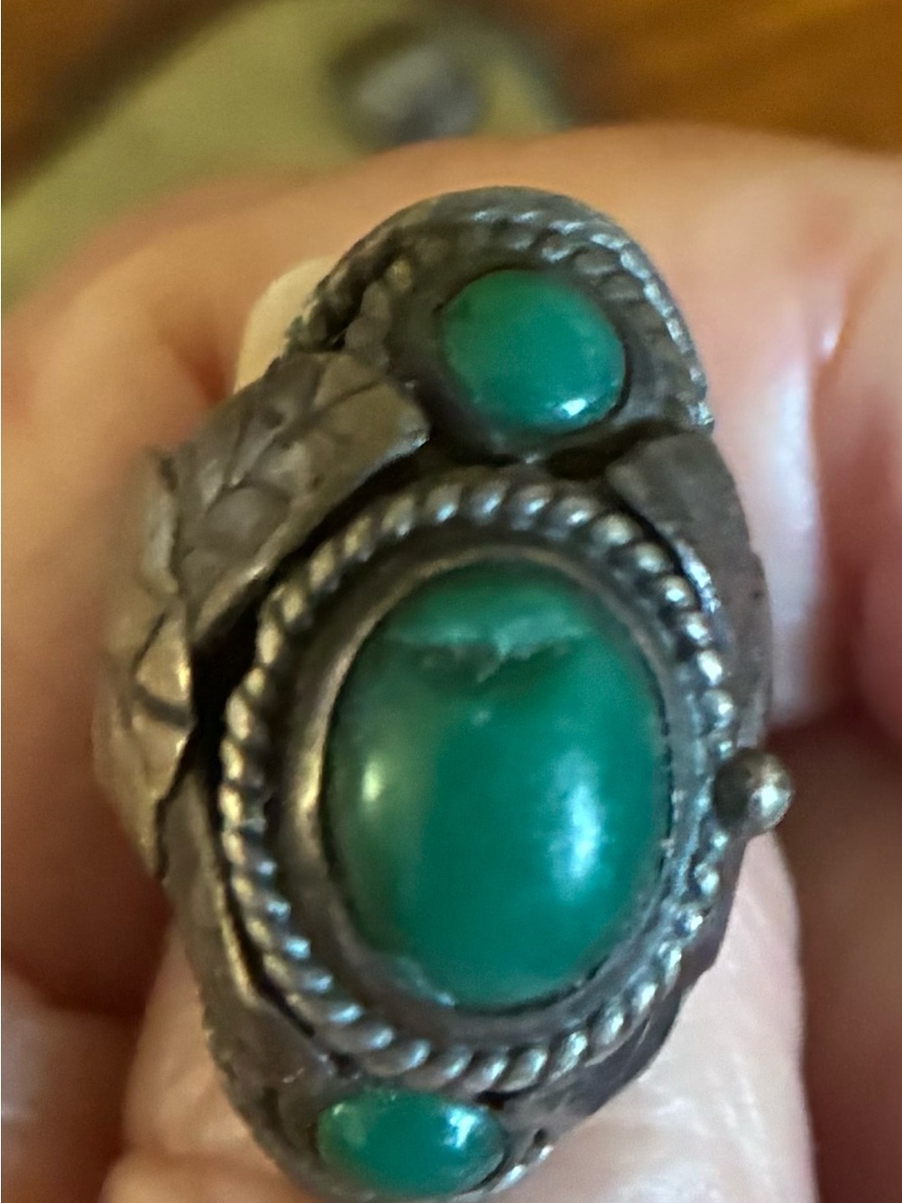 Vintage Mexican Sterling Ring with Green Cabochons